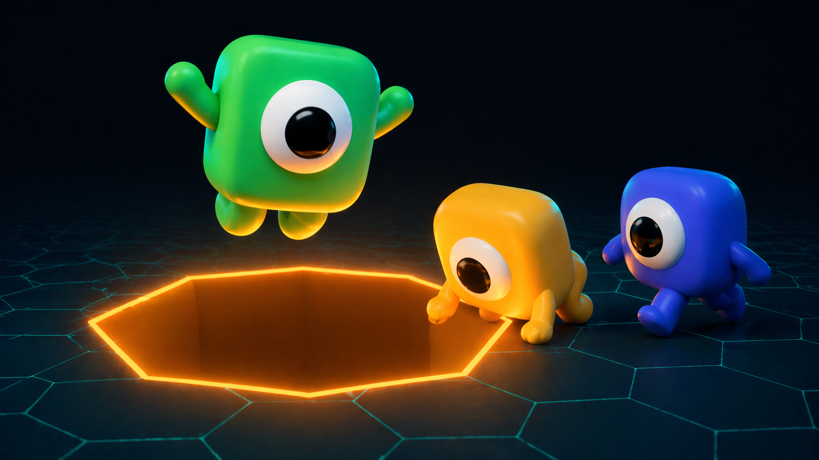 Chattr mascot as a green hexagon beside a floating post card, a nested comment thread, and an accepted-answer hexagon